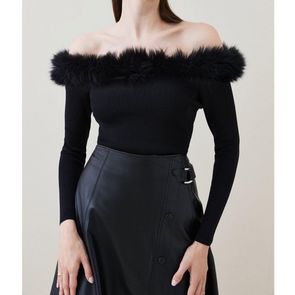 Karen Millen Black Fur Bardot Knit Top in Small